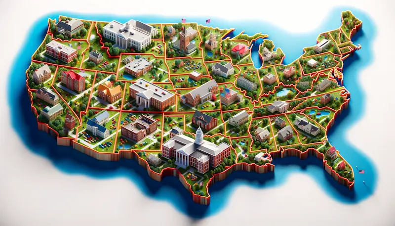 map of the united states with a school building within each state border