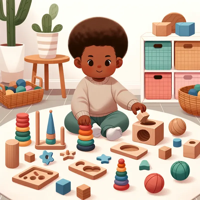 young child playing with montessori toys on the floor
