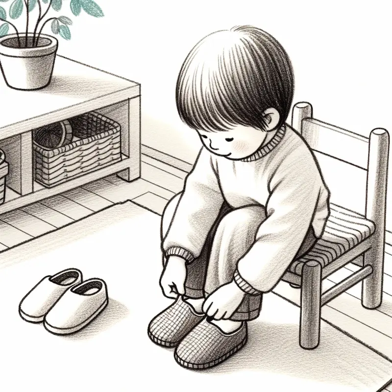 drawing of a young child putting slippers on his feet while sitting in a chair