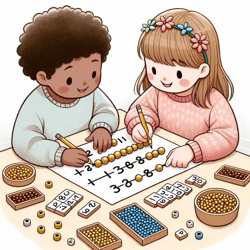 two children sitting at a table using math implements for counting
