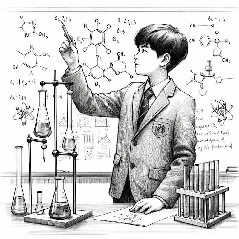 pencil drawing of a high school student in front of a whiteboard with formulas written all over it