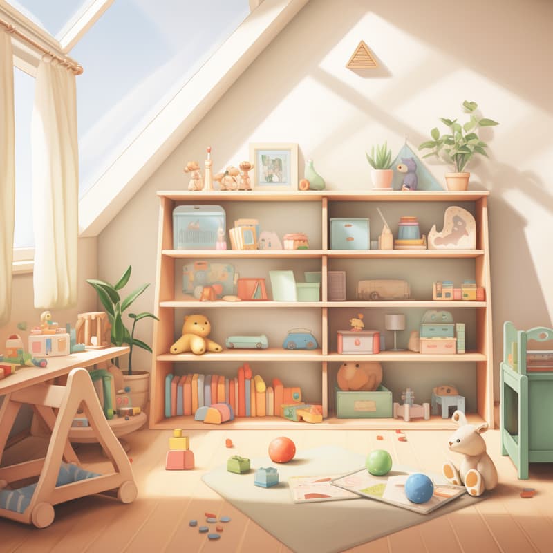 illustration of a wooden shelf in a montessori-style bedroom