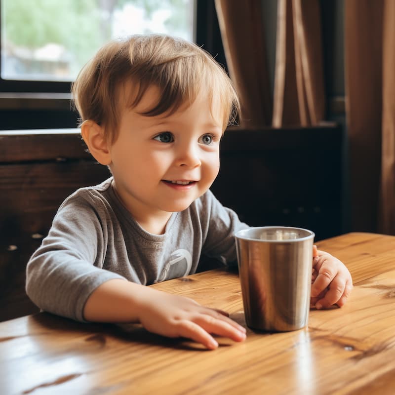 young boy with metal montessori drinking cup on wooden table