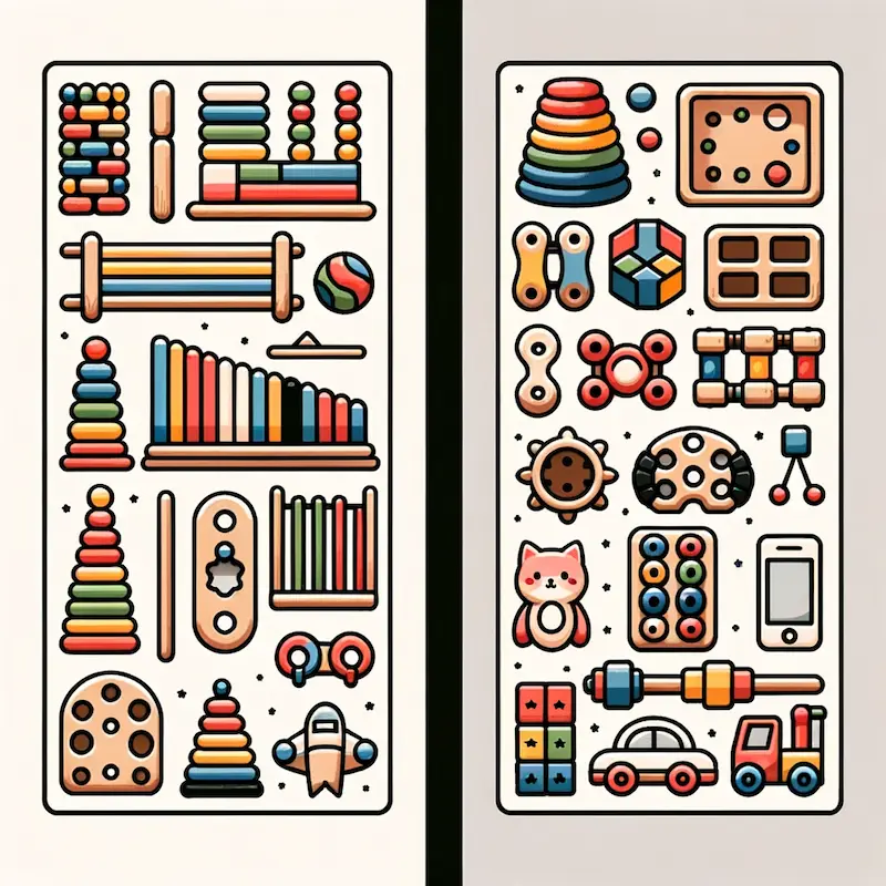 illustration of montessori toys and regular toys side by side