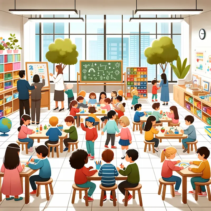 illustration of a montessori classroom filled with children