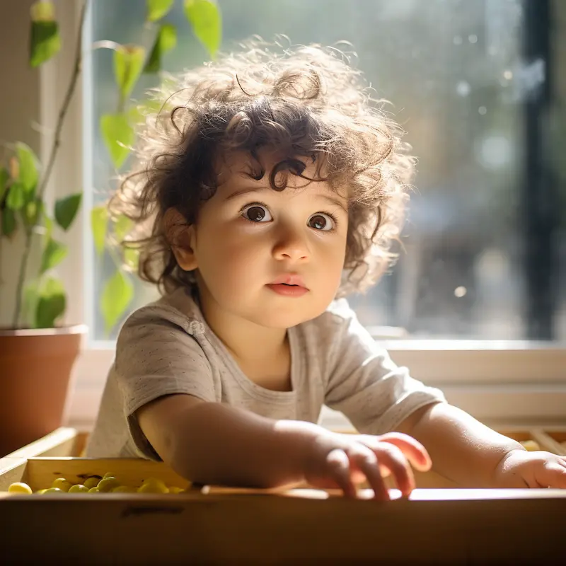 1 year old boy with montessori wooden toy