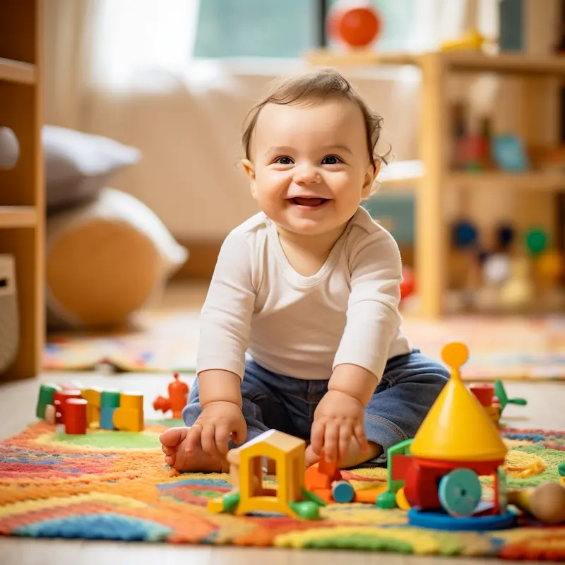 baby playing with wooden toys in a montessori playroom
