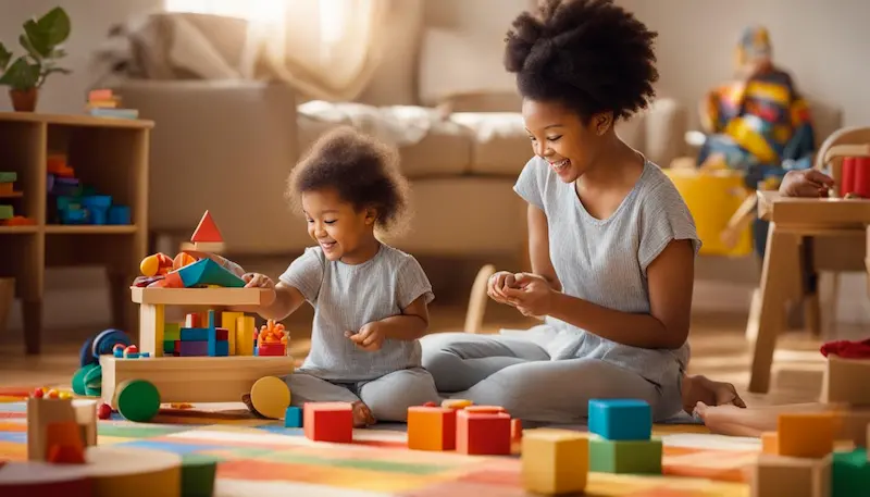 mother and daughter playing with wooden toys on the floor