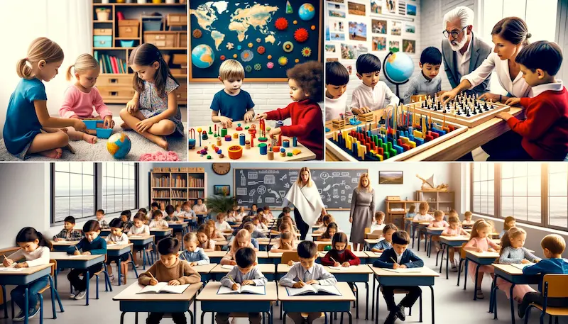 Photo collage juxtaposing Montessori and traditional education. Montessori images showcase children of various descent working independently, collaborating on projects, and using unique learning materials. Traditional education images display a teacher-led classroom, students sitting at desks in rows, and standard textbooks. The collage emphasizes the learner-centered approach of Montessori versus teacher-centered traditional education.