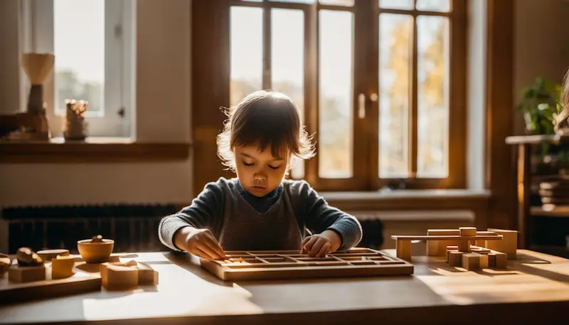 young child sitting at a wooden table using a counting board