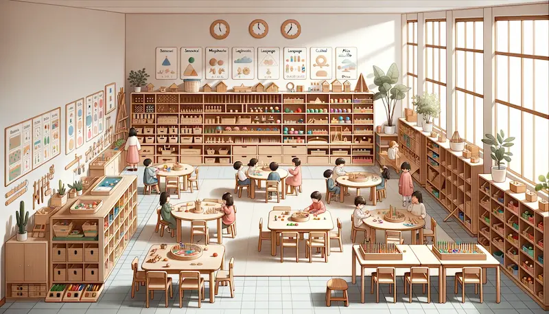 Illustration of an ideal Montessori classroom setup. The room is spacious, filled with natural light from large windows. Wooden shelves are organized with sensorial, mathematics, language, and cultural materials, all within reach of the students. Tables and chairs are child-sized, promoting independence. There's a dedicated quiet corner with soft cushions and plants. Students of diverse descent are engaged in individual and group activities, and a clearly defined practical life area is present for hands-on learning.