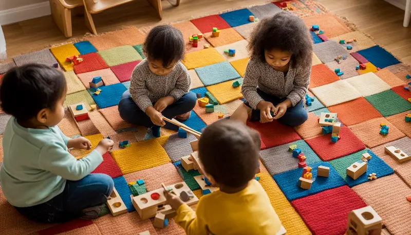 group of 4 children sitting on a patchwork rug playing with wooden blocks