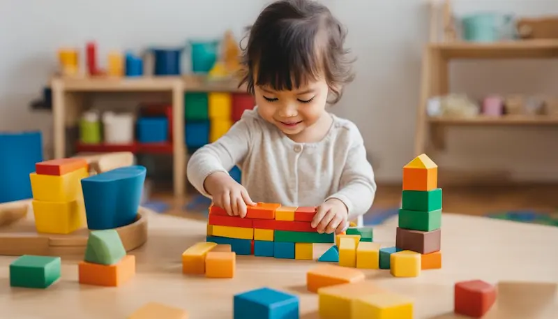 2 year old girl playing with multicolored wooden blocks on a wooden table