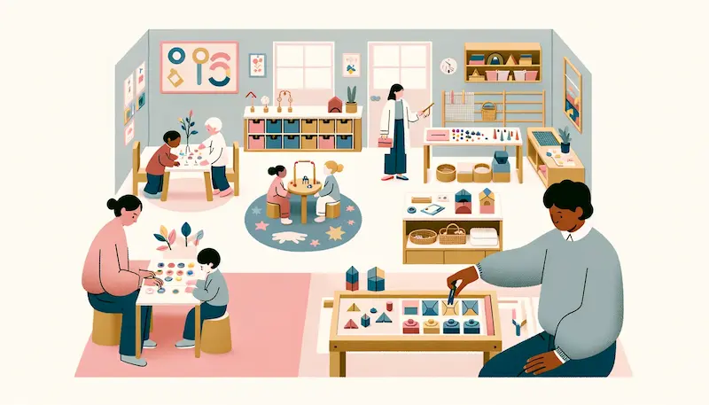 Illustration of a Montessori classroom tailored for children with autism. A child of diverse descent is deeply engaged with tactile Montessori materials, showcasing the benefit of sensory integration. Another child practices life skills through practical life activities, indicating the development of independence. A teacher provides one-on-one guidance, highlighting individualized learning. Soft colors and organized spaces underscore the calming and structured environment beneficial for children with autism.