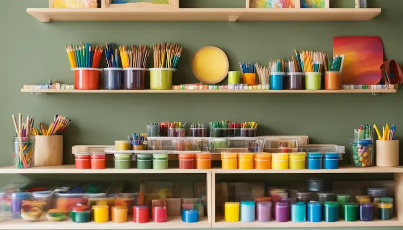 shelf with art materials neatly organized by materials