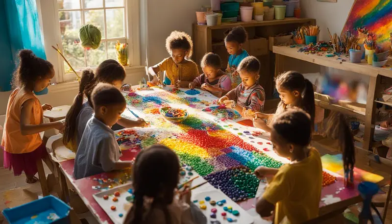 group of young children surrounding a table filled with arts and crafts materials
