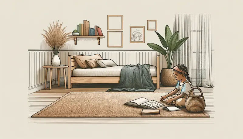 Drawing of a Montessori bedroom at home with a floor bed, natural materials, and a child of diverse descent engaging in a quiet reading activity on a soft rug.