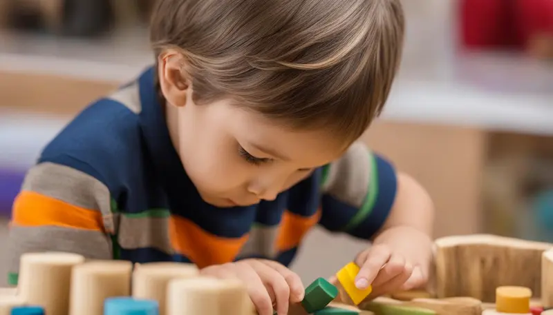 young child focusing intensely on wooden blocks in his hand
