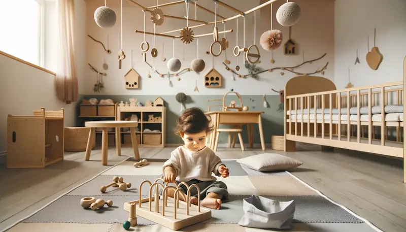 Photo of a Montessori baby room with soft muted tones, wooden mobiles overhead, and a baby of Hispanic descent playing with a sensory toy on a padded floor.