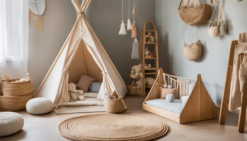 montessori nursery with a floor bed and a tipi
