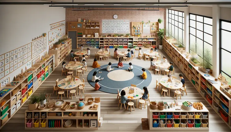 Photo of a well-organized Montessori classroom emphasizing order and accessibility. The environment is divided into clear zones for different learning areas like math, science, and art. Rugs delineate individual workspaces, and there's a communal circle area for group discussions. Students of various descent work harmoniously, with materials displayed at their eye level on open shelves. A nature corner brings a touch of the outdoors inside.