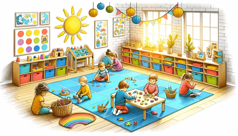 Drawing of a vibrant Montessori daycare environment with floor mats, tactile exploration stations, and toddlers of diverse descent collaborating on simple art projects.