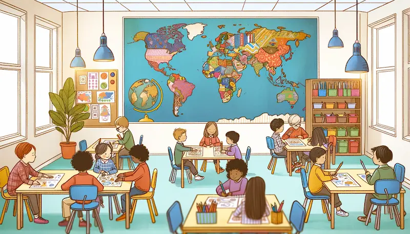 Drawing of a vibrant Montessori elementary school setting with a world map on the wall, individual workstations, and students of diverse gender and descent collaborating on a geography lesson.