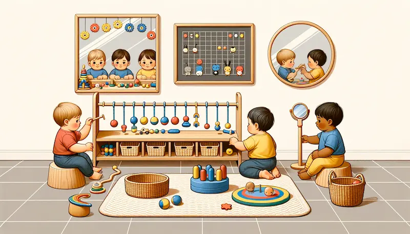 Illustration of a Montessori setting for infants featuring a low wooden shelf with tactile toys, mirrors on the wall for self-recognition, and infants of different descents interacting with the environment.