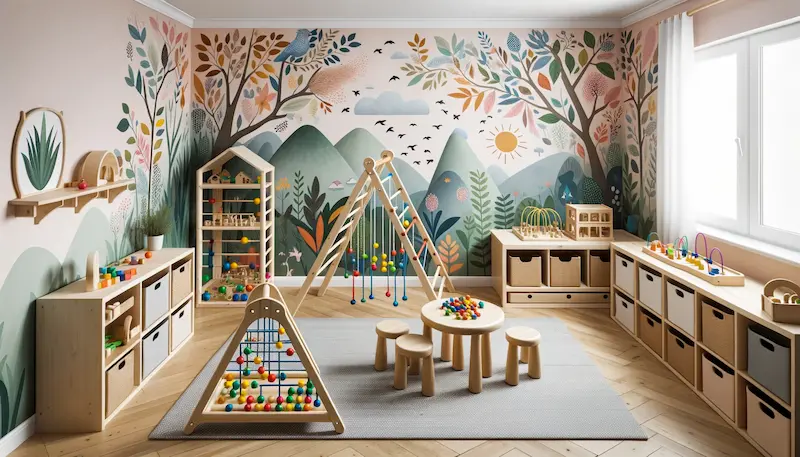 Photo of a Montessori playroom with vibrant wall decals of nature. The room is furnished with Montessori pieces like a wooden climbing triangle, a bead maze table, and low storage units filled with Montessori-inspired toys.
