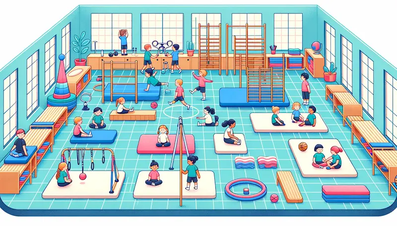 Illustration of a Montessori gymnasium with various gymnastic apparatus, floor mats, and students of different genders and descents working on their own physical challenges.
