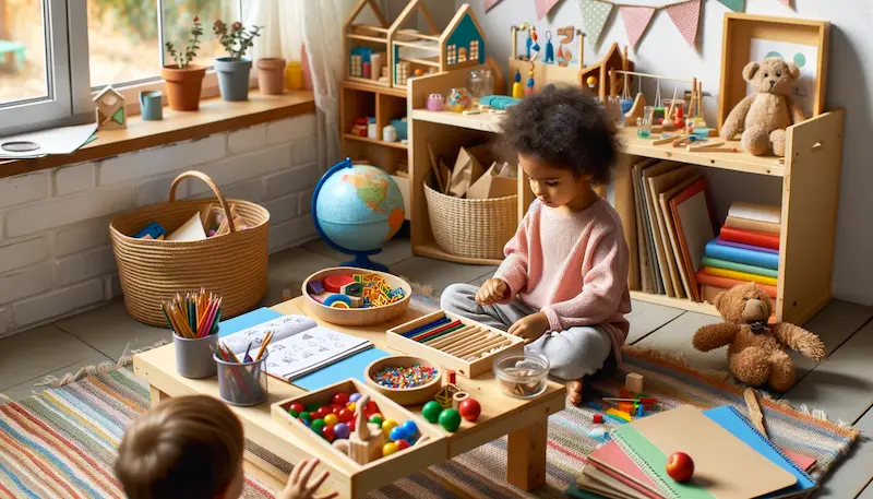 Photo of a Montessori-inspired homeschool corner with colorful educational materials, workbooks, and a child of diverse descent engaging in a sensorial exploration activity.