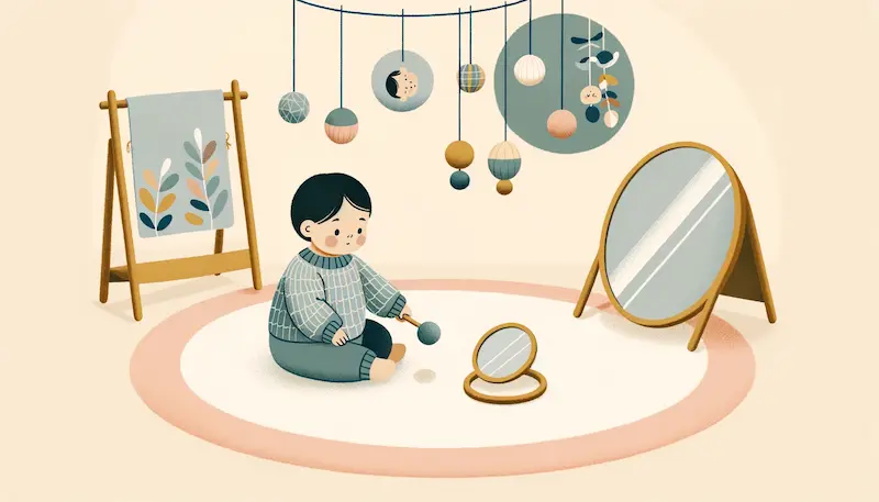 Illustration of a calm Montessori infant environment with hanging mobiles, mirrors placed low for self-recognition, and an infant of Asian descent playing with a wooden rattle.