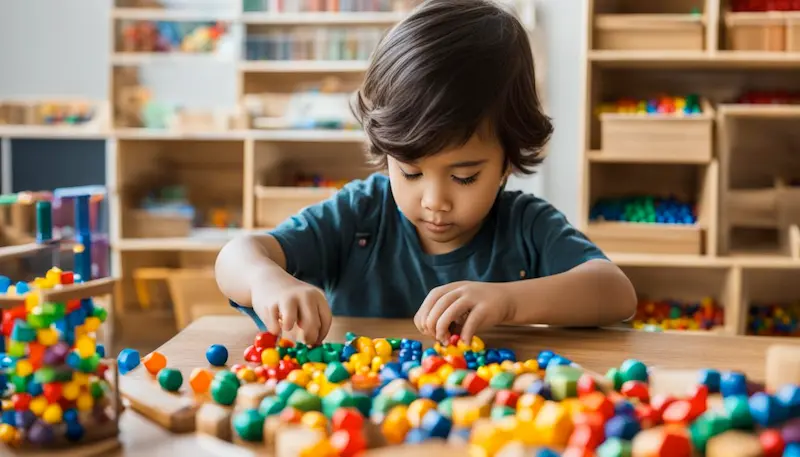 young boy working with montessori math beads on a wooden table