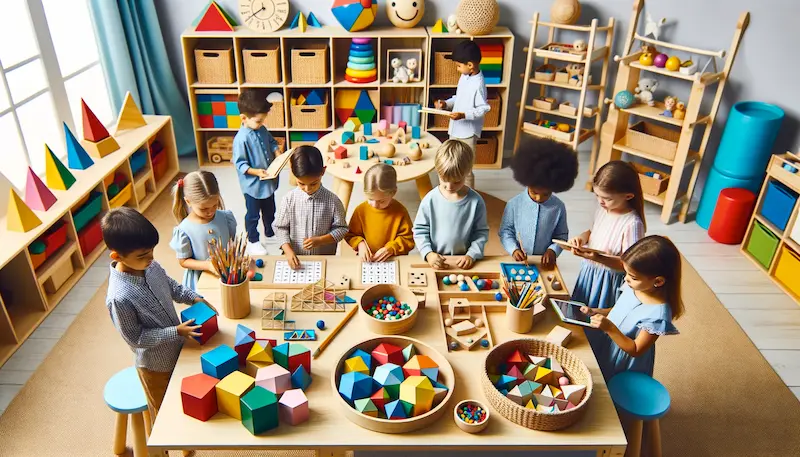 Photo of a Montessori-inspired math corner with colorful geometric solids, spindle boxes, and children of various genders and descents engaging in counting and sorting activities.