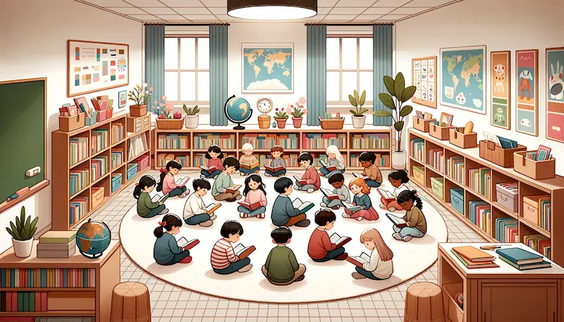 Illustration of an upper elementary Montessori classroom during reading time. Children of diverse descent and gender are seated on a large rug, engrossed in their chosen books. The room has a calm ambiance with soft lighting, and there's a dedicated corner with a globe, maps, and cultural materials.