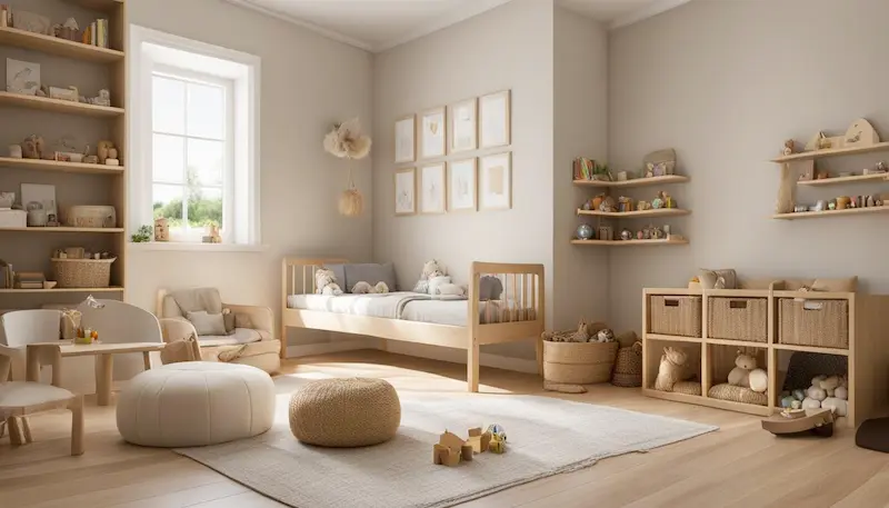 beige montessori nursery room filled with wooden furniture