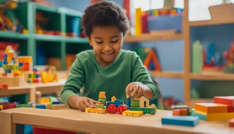 child playing with colorful wooden toys on a wooden table