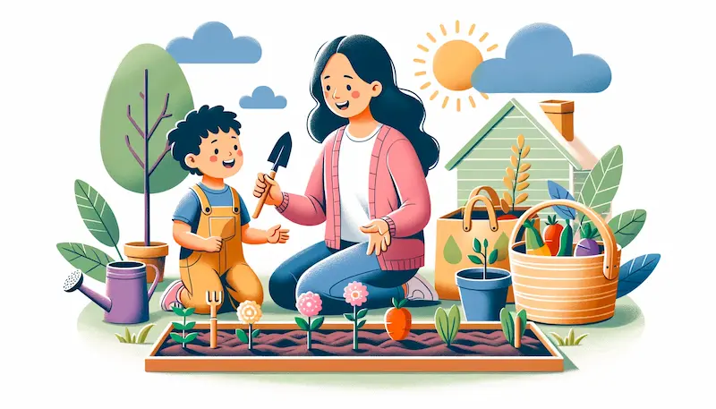 Illustration of Montessori parenting where a parent and child of different descents are collaboratively gardening, highlighting the concept of learning by doing.