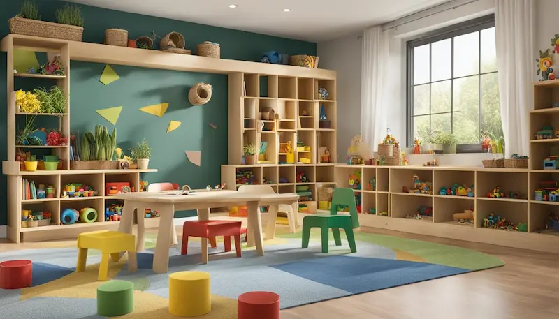 montessori playroom with multicolored wooden chairs and tables
