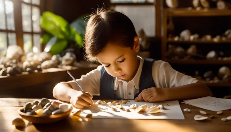 young boy drawing sea shells on a wooden table