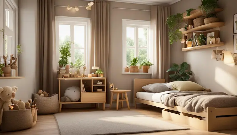 montessori bedroom filled with wooden furniture, plants, and woven toy baskets