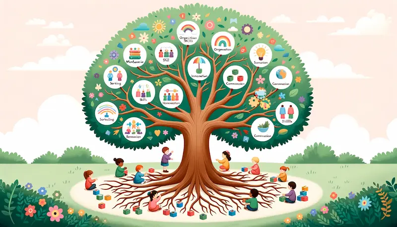 Illustration of a tree with branches symbolizing different Montessori skills. The roots represent the Montessori foundation, and each branch showcases a different skill with children of diverse descent engaging in related activities: from sorting exercises representing organizational skills to group discussions for communication skills. The tree is surrounded by a peaceful and nurturing environment.