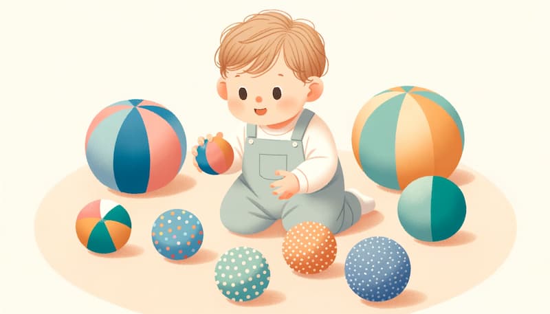 Illustration of a 1-year-old Caucasian female child in a well-lit room, exploring Montessori sensory balls. The balls have different textures, and she seems curious about each one.