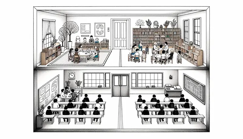 Drawing of two classrooms separated by a vertical line. On the left, the Montessori setting features children of various ages collaborating on a project, Montessori materials on low shelves, and a peaceful ambiance. On the right, the public school setting has students seated in uniform rows, listening to a lecture from a teacher, with a structured and formal atmosphere.