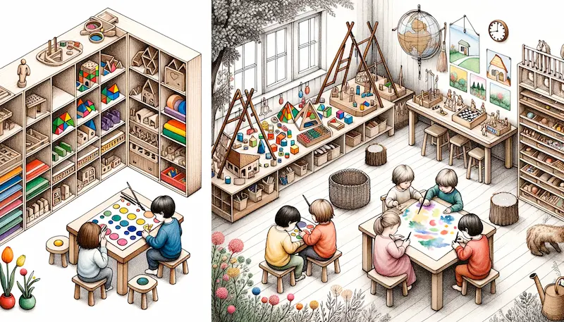 Drawing of two distinct educational environments. On the left, the Montessori setting shows a child manipulating geometric materials, surrounded by open shelves with organized learning tools. On the right, the Waldorf setting has children painting with watercolors, surrounded by natural materials and handmade toys.