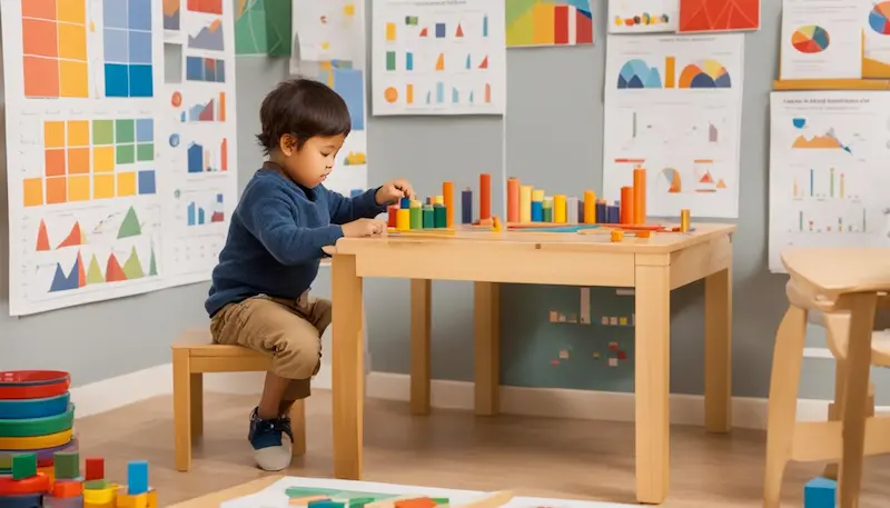 boy sitting at a wooden table with montessori blocks