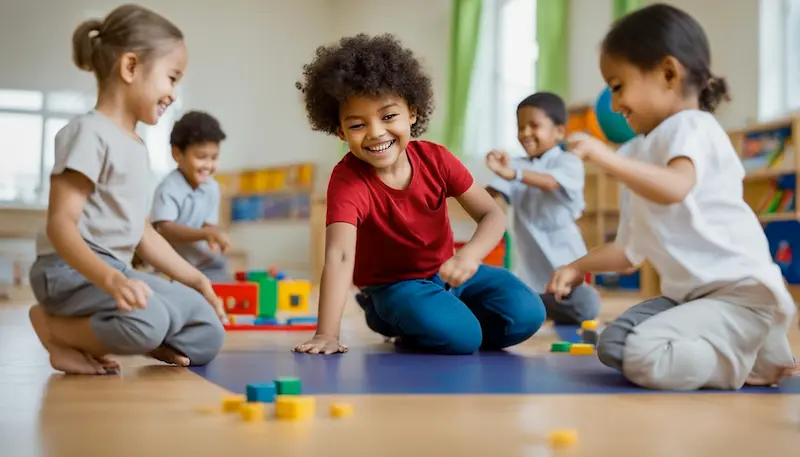 three children playing on the floor with wooden blocks and a lot of open space
