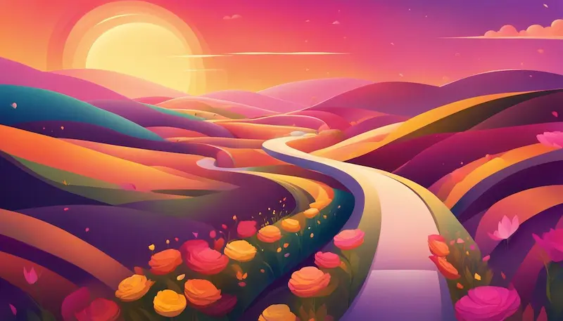 colorful illustration of a flower lined sidewalk and a sun setting over the hills in the distance