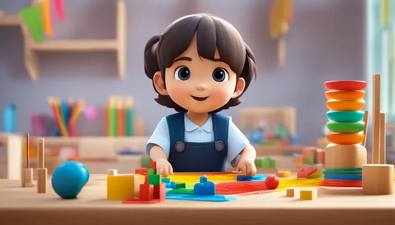 young child utilizing montessori materials at a wooden table