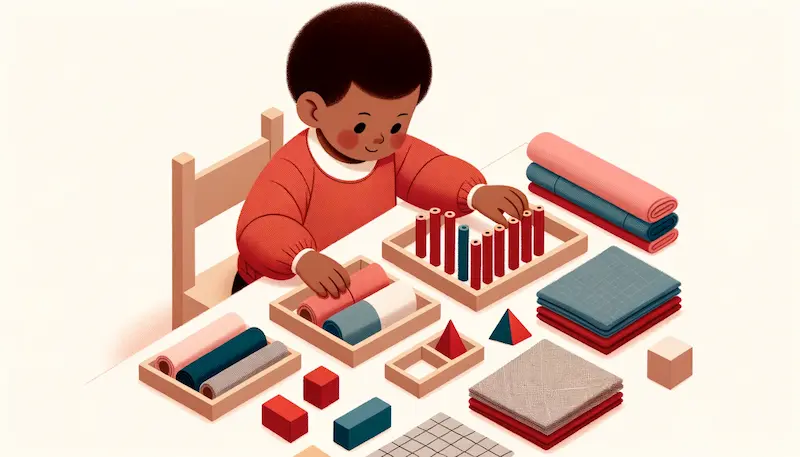Illustration of a child of diverse descent engaging with sensorial Montessori materials. The child is focused on arranging the red rods in order of size, feeling the texture of fabric swatches, and exploring the geometric solids with curiosity.
